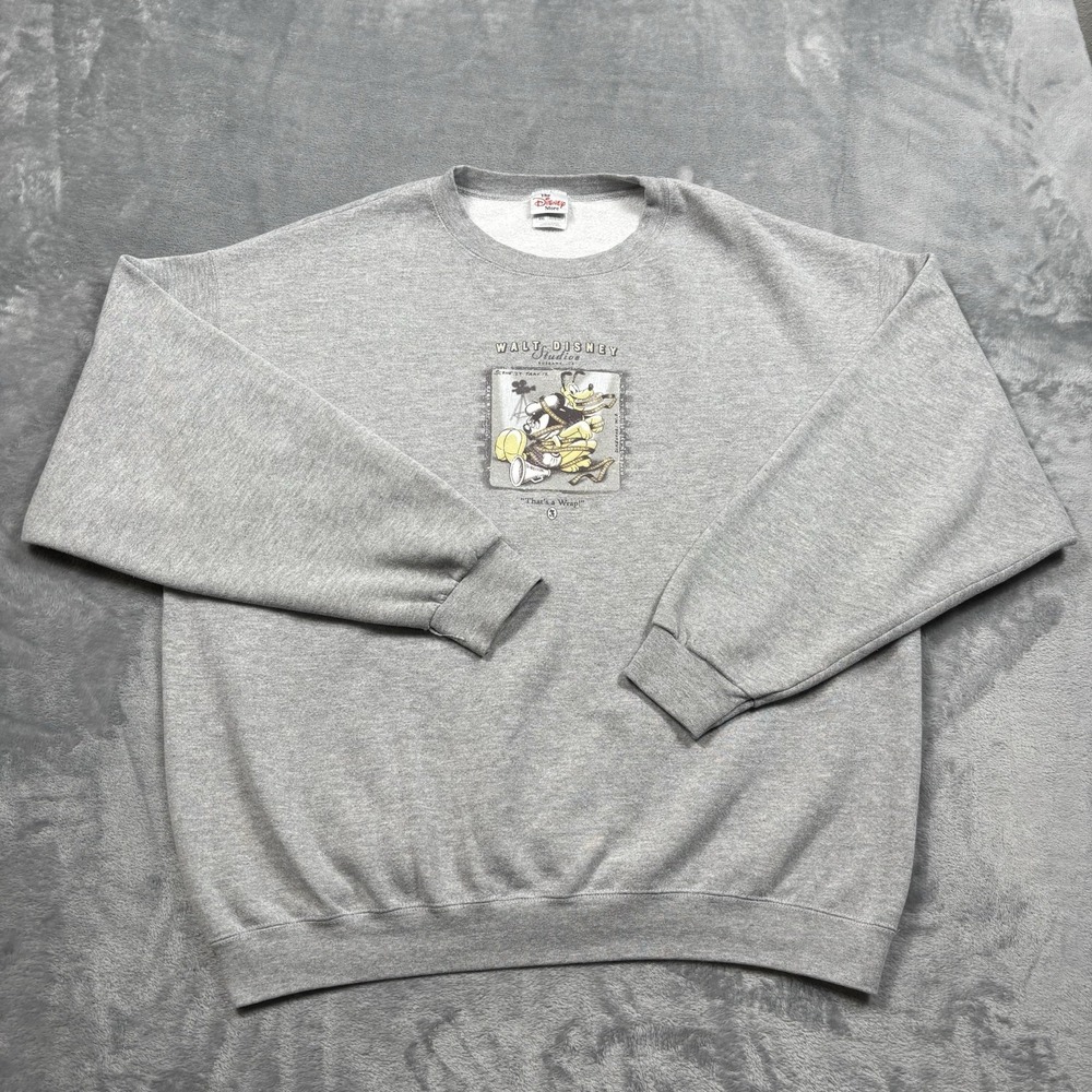 Vintage 90s Walt Disney Studios Mickey & Pluto Crewneck Sweatshirt XXL Grey
